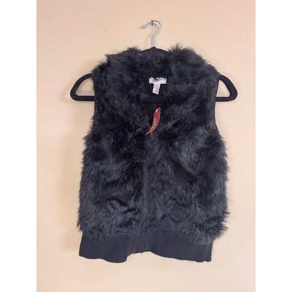 Black Faux Fur Zip-Up Vest Ribbed Knit Winter Warm Sleeveless Jacket Kids - Picture 1 of 5